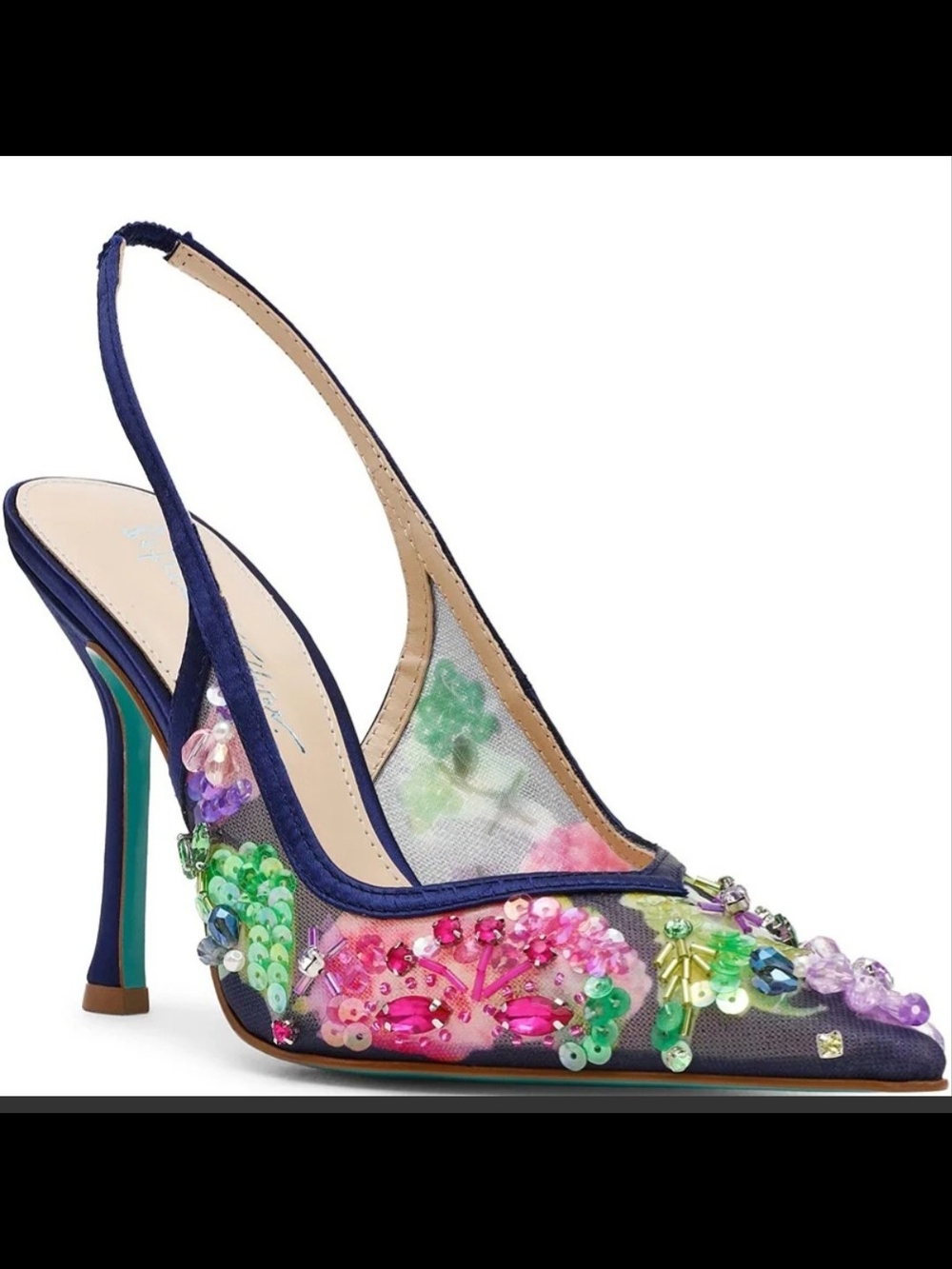 Betsey Johnson Navy Slingback Pump with Multicolor Sequin Floral Embellishments - Picture 1 of 6